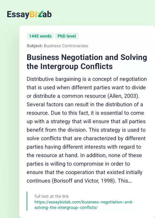 Business Negotiation and Solving the Intergroup Conflicts - Essay Preview