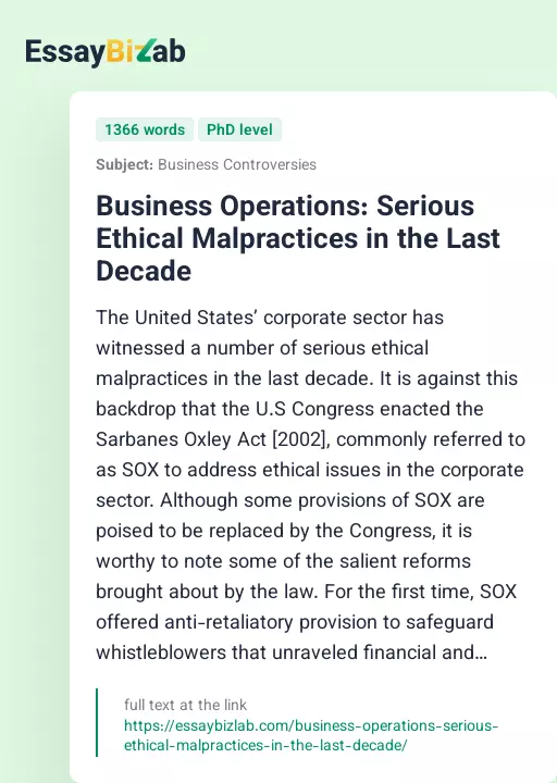 Business Operations: Serious Ethical Malpractices in the Last Decade - Essay Preview