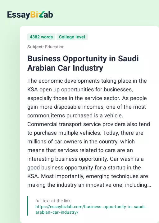 Business Opportunity in Saudi Arabian Car Industry - Essay Preview