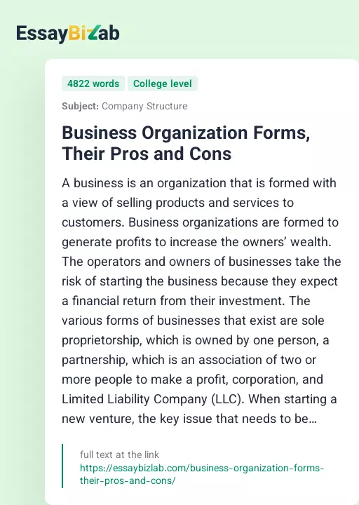 Business Organization Forms, Their Pros and Cons - Essay Preview