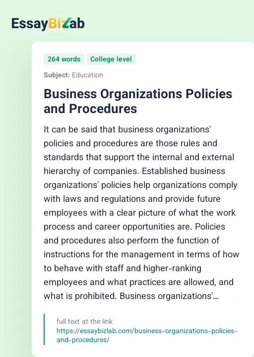 Business Organizations Policies and Procedures - Essay Preview