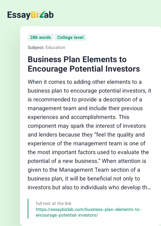 Business Plan Elements to Encourage Potential Investors - Essay Preview