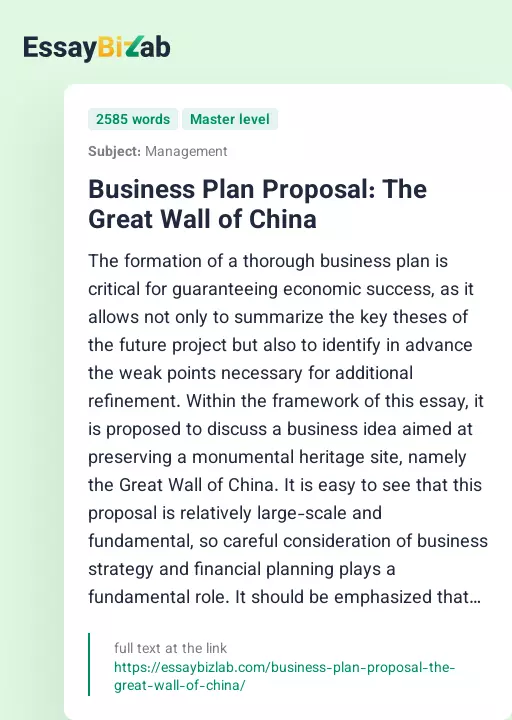 Business Plan Proposal: The Great Wall of China - Essay Preview