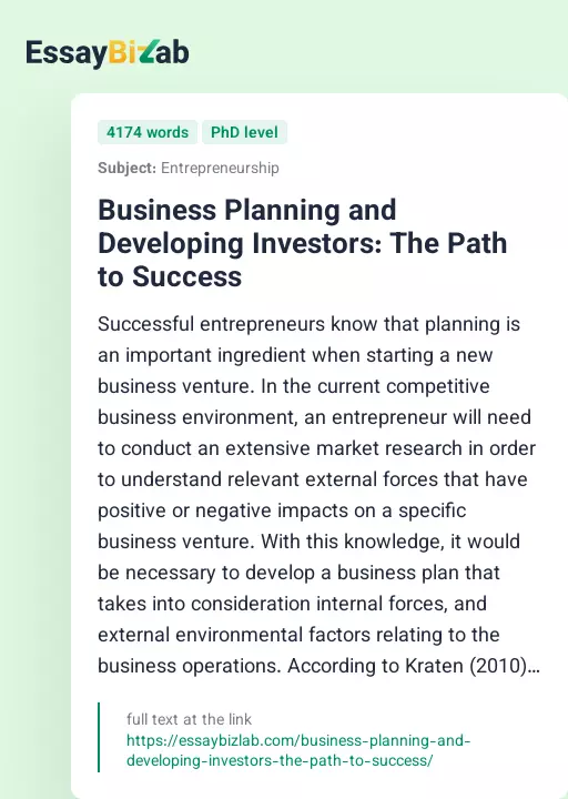Business Planning and Developing Investors: The Path to Success - Essay Preview