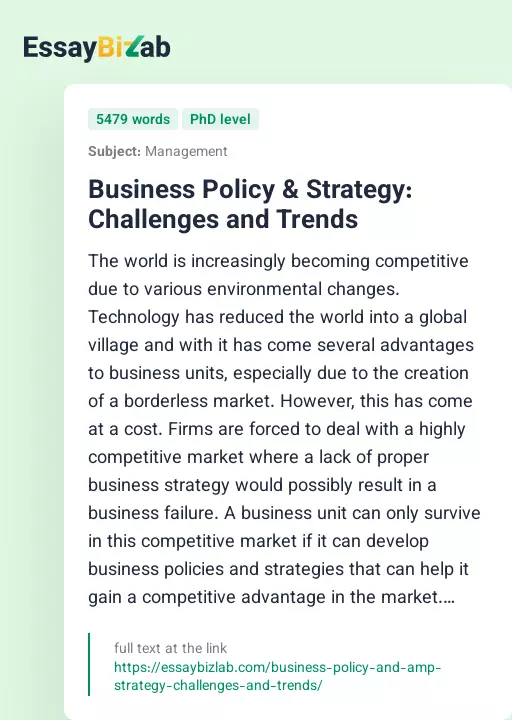 Business Policy & Strategy: Challenges and Trends - Essay Preview