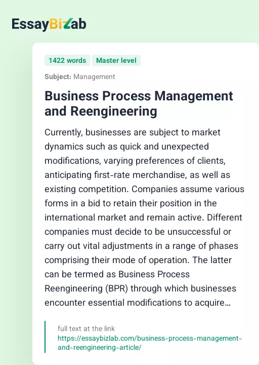 Business Process Management and Reengineering - Essay Preview