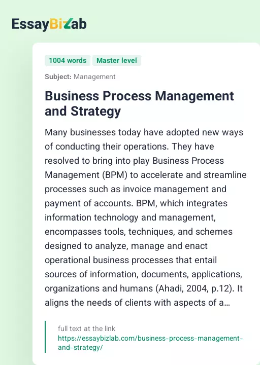 Business Process Management and Strategy - Essay Preview