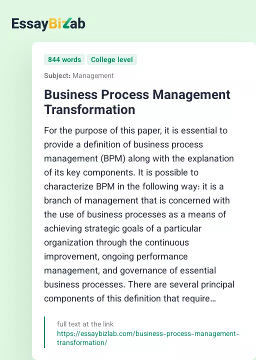 Business Process Management Transformation - Essay Preview