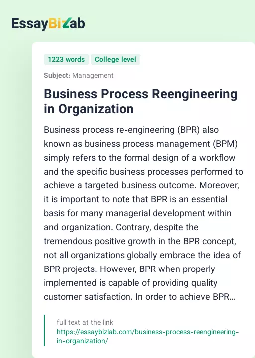 Business Process Reengineering in Organization - Essay Preview