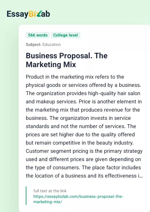 Business Proposal. The Marketing Mix - Essay Preview