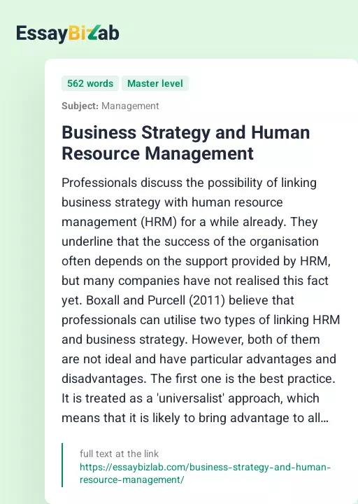 Business Strategy and Human Resource Management - Essay Preview