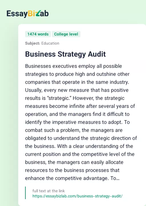 Business Strategy Audit - Essay Preview