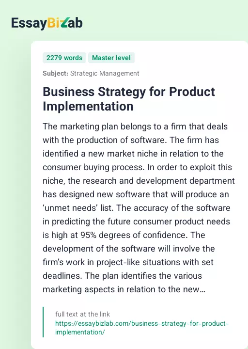 Business Strategy for Product Implementation - Essay Preview