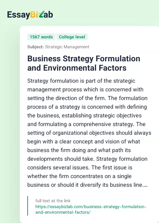 Business Strategy Formulation and Environmental Factors - Essay Preview
