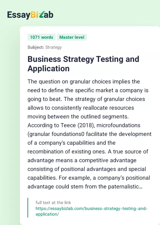 Business Strategy Testing and Application - Essay Preview