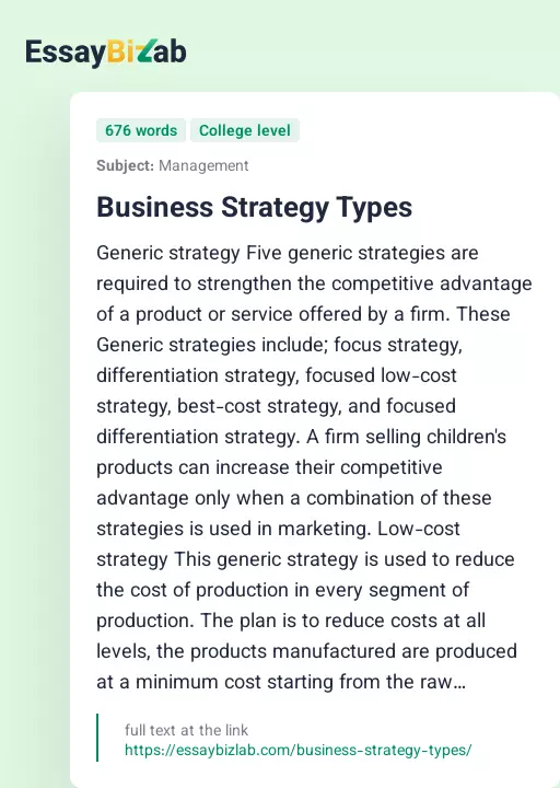 Business Strategy Types - Essay Preview