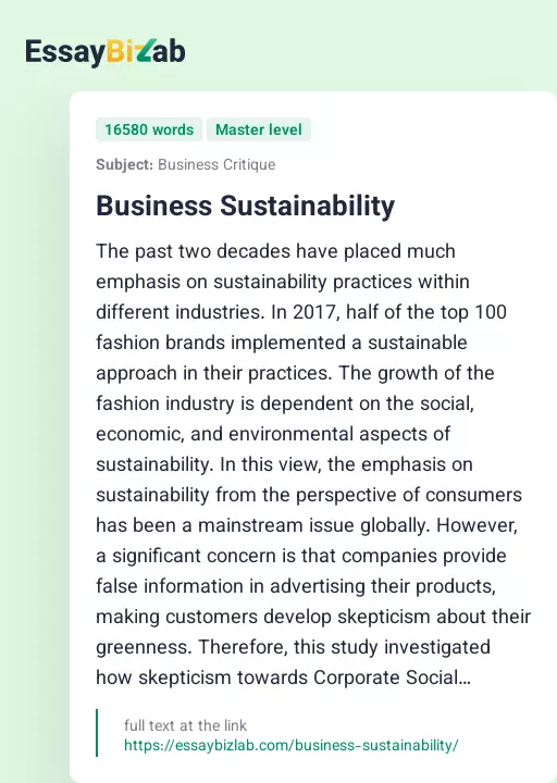 Business Sustainability - Essay Preview