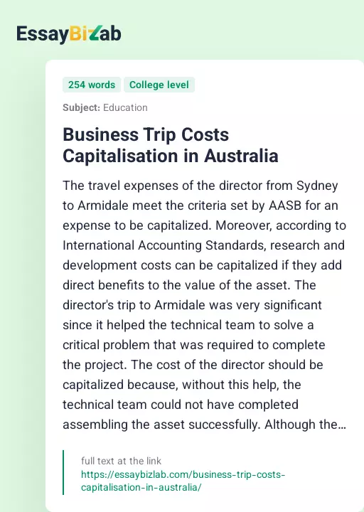Business Trip Costs Capitalisation in Australia - Essay Preview