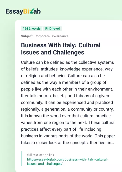 Business With Italy: Cultural Issues and Challenges - Essay Preview
