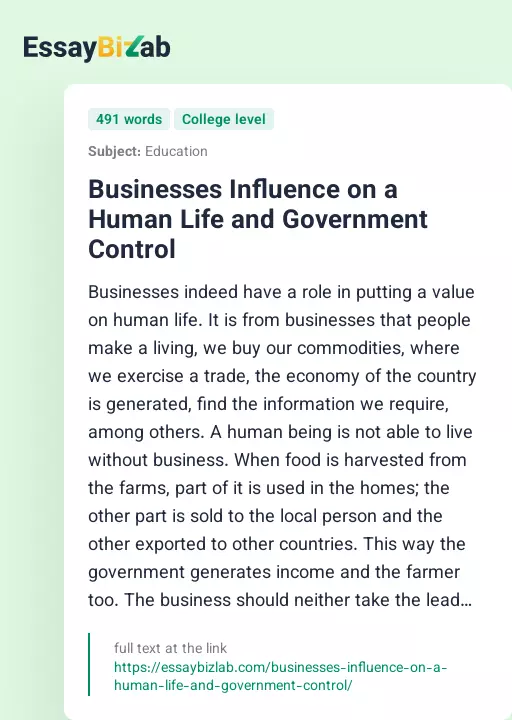 Businesses Influence on a Human Life and Government Control - Essay Preview