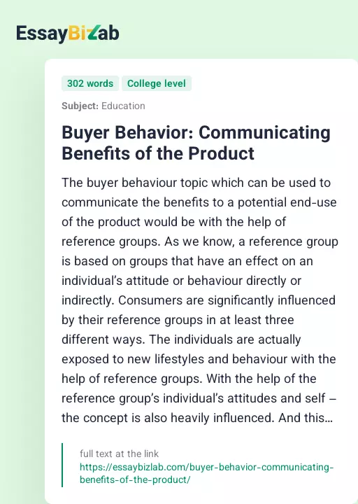 Buyer Behavior: Communicating Benefits of the Product - Essay Preview