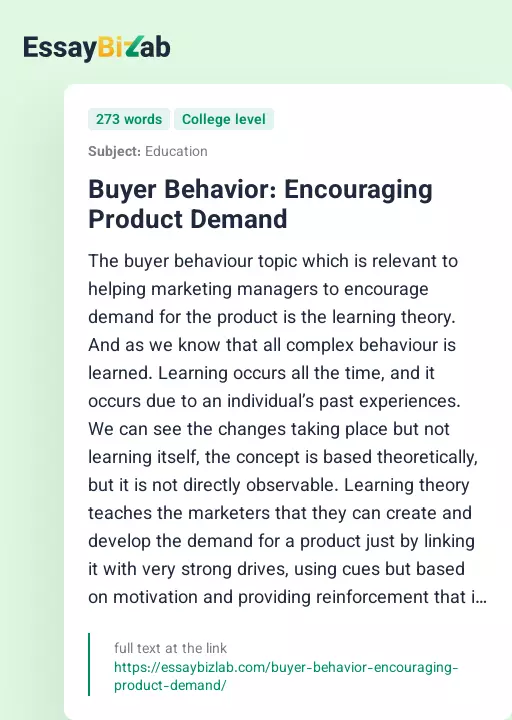 Buyer Behavior: Encouraging Product Demand - Essay Preview
