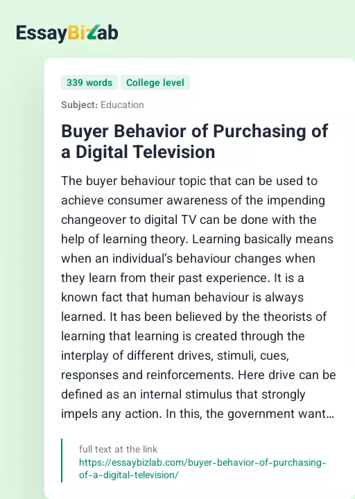 Buyer Behavior of Purchasing of a Digital Television - Essay Preview