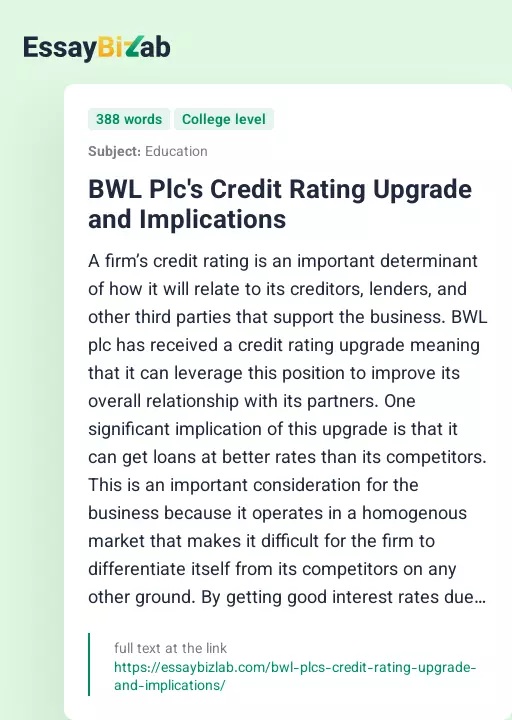 BWL Plc's Credit Rating Upgrade and Implications - Essay Preview
