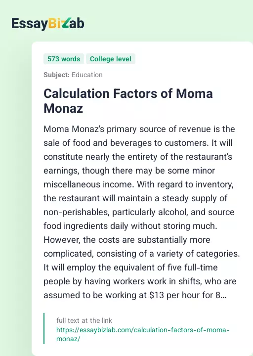 Calculation Factors of Moma Monaz - Essay Preview