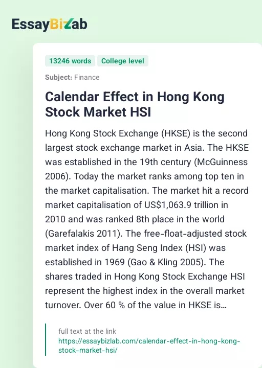Calendar Effect in Hong Kong Stock Market HSI - Essay Preview