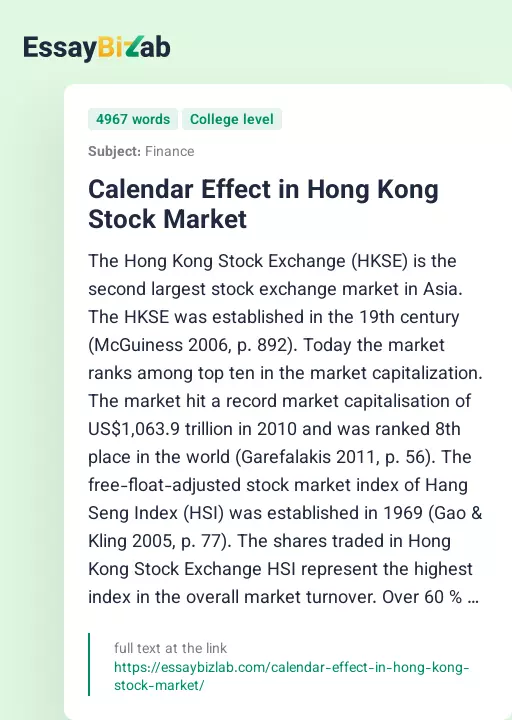 Calendar Effect in Hong Kong Stock Market - Essay Preview