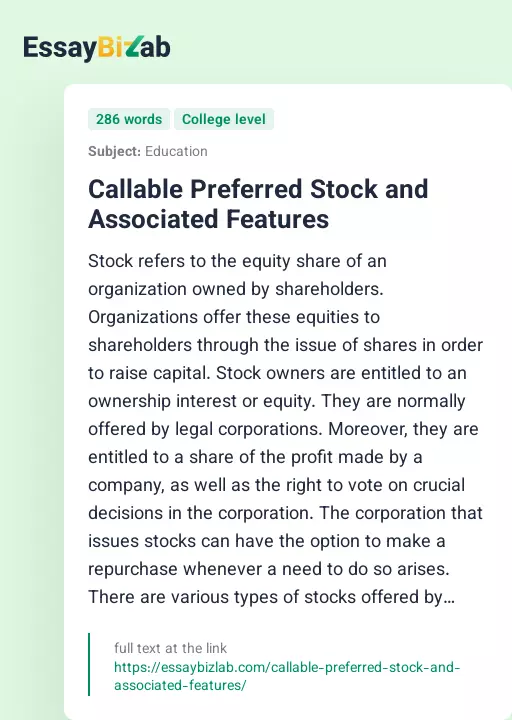Callable Preferred Stock and Associated Features - Essay Preview