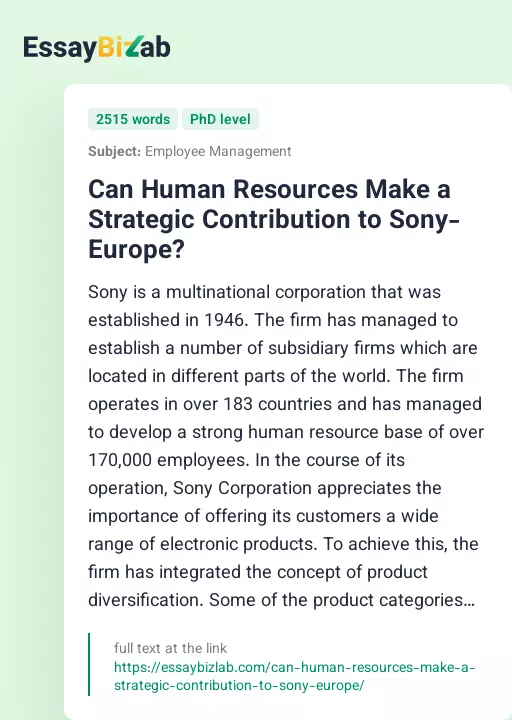 Can Human Resources Make a Strategic Contribution to Sony-Europe? - Essay Preview