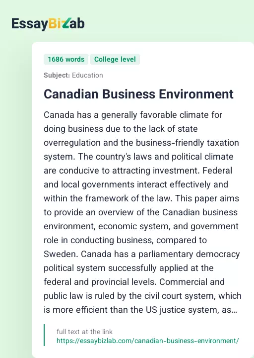 Canadian Business Environment - Essay Preview