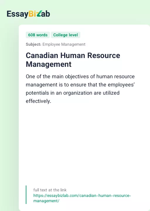 Canadian Human Resource Management - Essay Preview