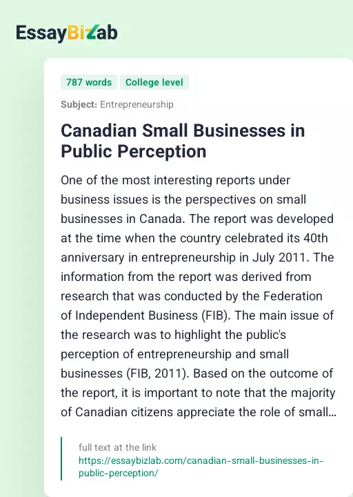Canadian Small Businesses in Public Perception - Essay Preview