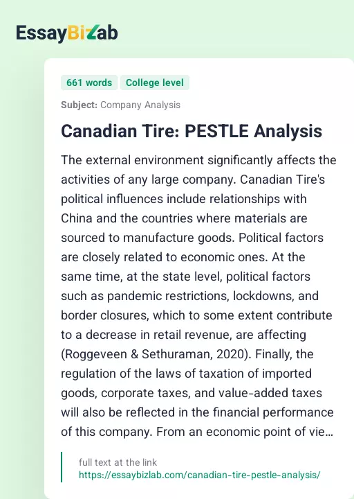 Canadian Tire: PESTLE Analysis - Essay Preview