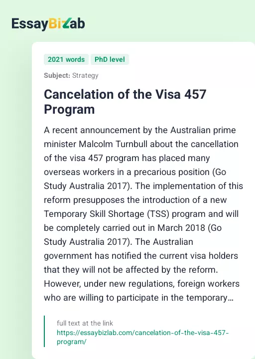 Cancelation of the Visa 457 Program - Essay Preview