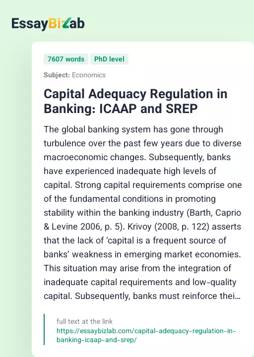 Capital Adequacy Regulation in Banking: ICAAP and SREP - Essay Preview