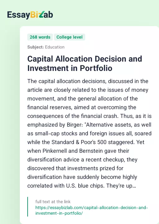 Capital Allocation Decision and Investment in Portfolio - Essay Preview