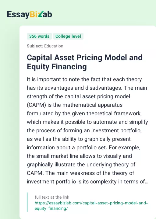 Capital Asset Pricing Model and Equity Financing - Essay Preview