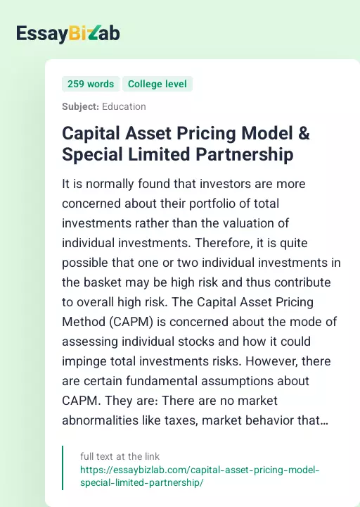 Capital Asset Pricing Model & Special Limited Partnership - Essay Preview