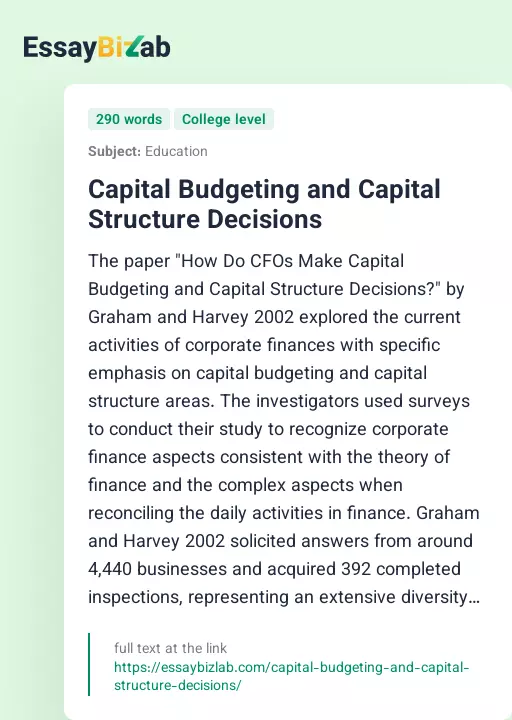 Capital Budgeting and Capital Structure Decisions - Essay Preview