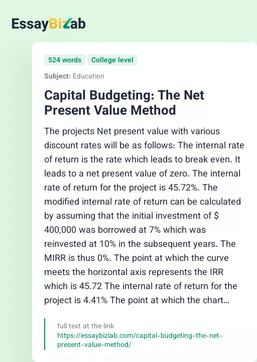Capital Budgeting: The Net Present Value Method - Essay Preview