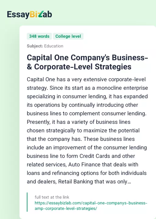 Capital One Company's Business- & Corporate-Level Strategies - Essay Preview