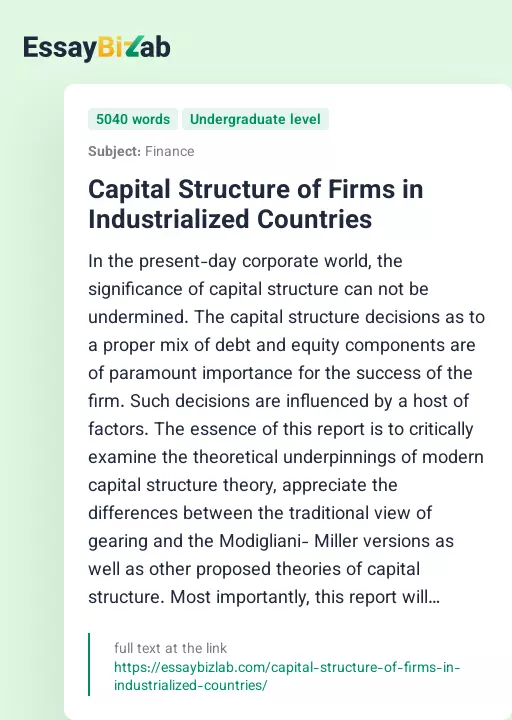Capital Structure of Firms in Industrialized Countries - Essay Preview