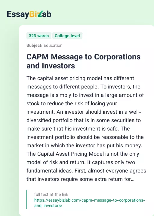 CAPM Message to Corporations and Investors - Essay Preview