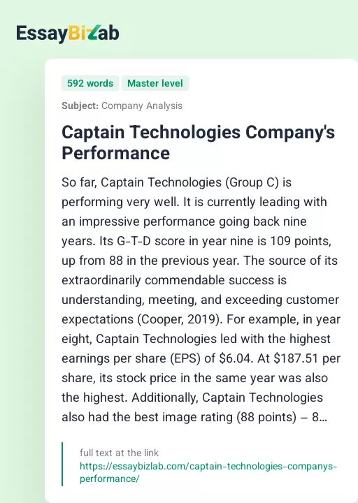Captain Technologies Company's Performance - Essay Preview