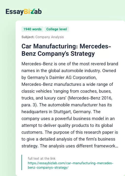 Car Manufacturing: Mercedes-Benz Company's Strategy - Essay Preview