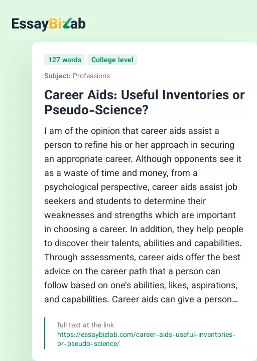 Career Aids: Useful Inventories or Pseudo-Science? - Essay Preview